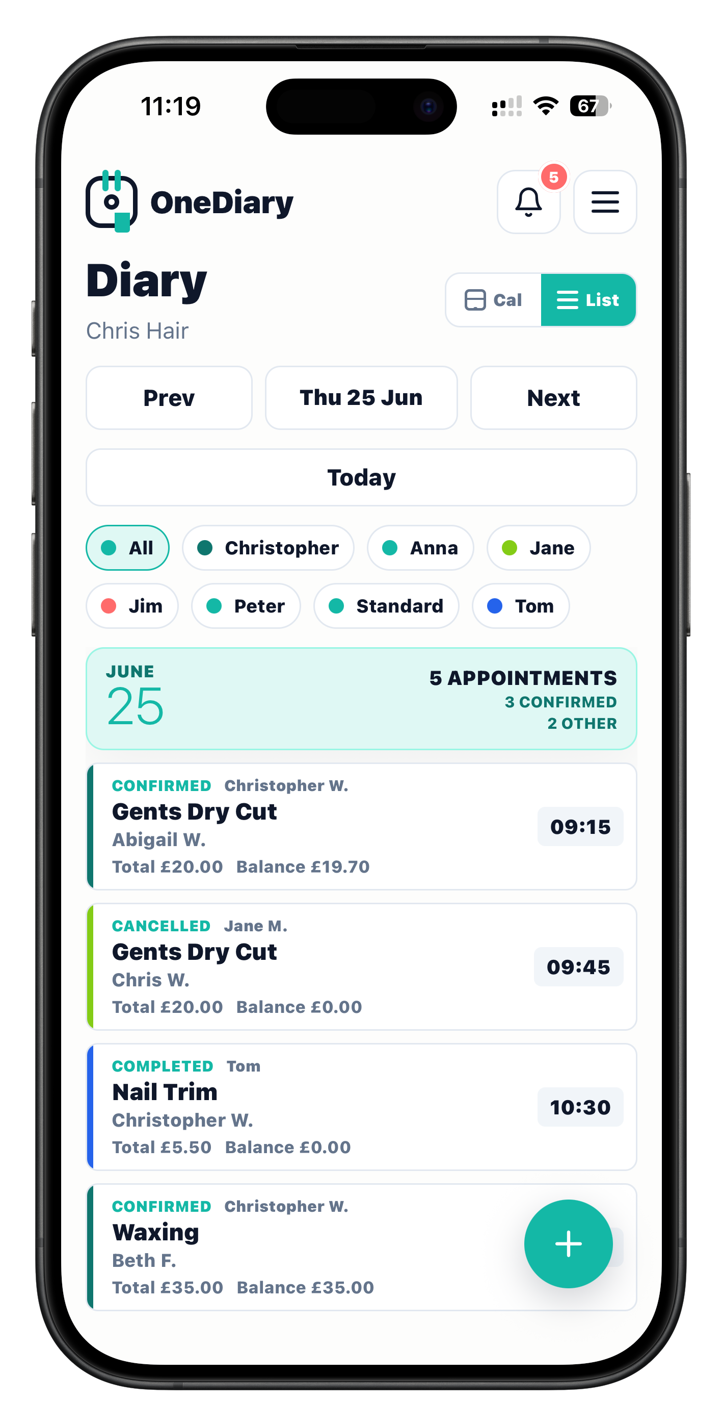 OneDiary business diary screen showing appointments, staff filters and booking status
